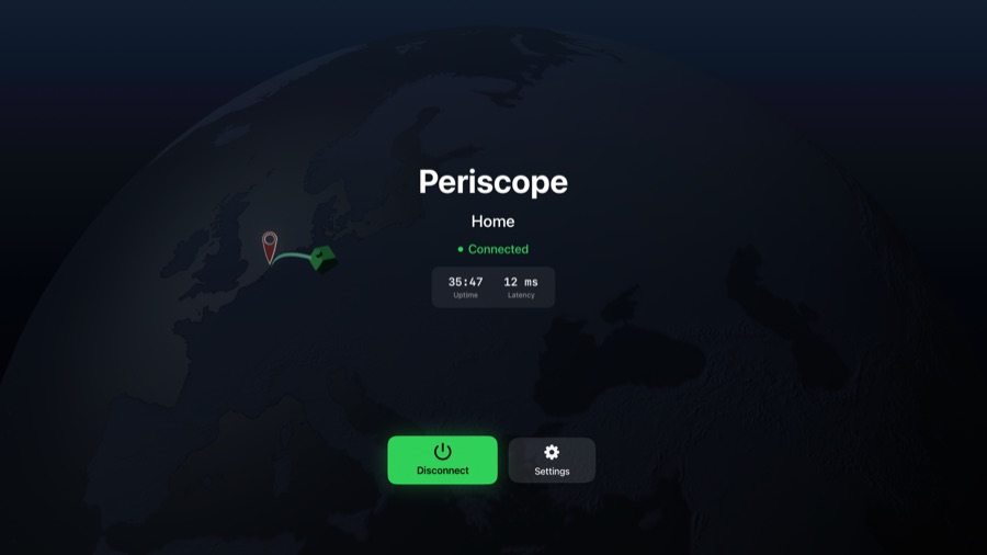 Apple TV connected as a client to a server named Home, showing uptime and latency