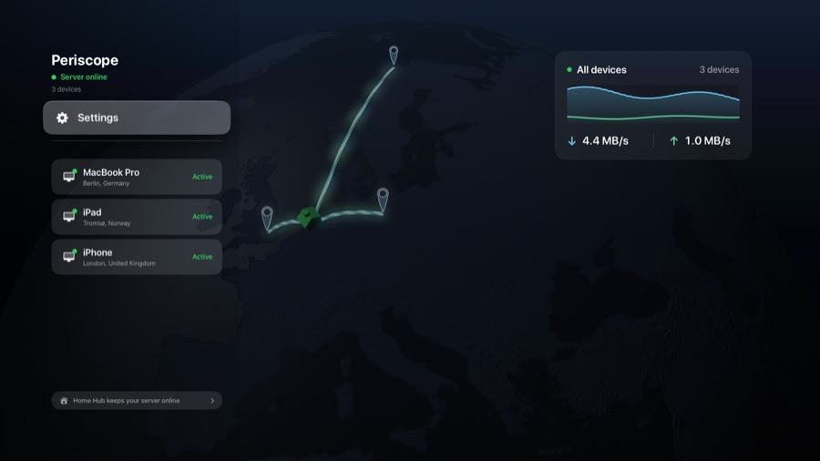 Periscope running as a server on an Apple TV, showing a MacBook, iPad and iPhone connected from three countries with live throughput.